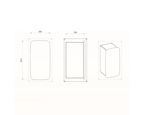 Technische Zeichnung eines Badezimmer-Hängeschranks mit den Maßen 340 x 670 x 330 mm.