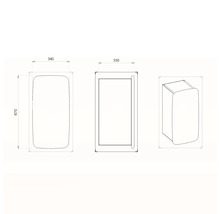 Technische Zeichnung eines Badezimmer-Hängeschranks mit den Maßen 340 x 670 x 330 Millimeter.