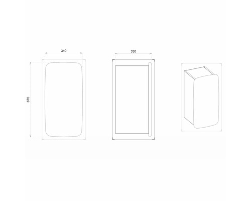 Technische Zeichnung eines Badezimmerschranks mit Maßangaben