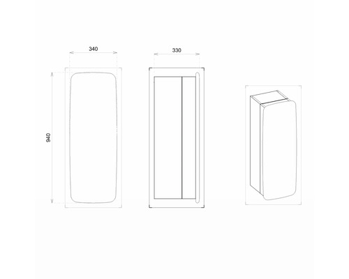 Technische Zeichnung eines Badezimmerschranks mit den Maßen 340, 330 und 940.