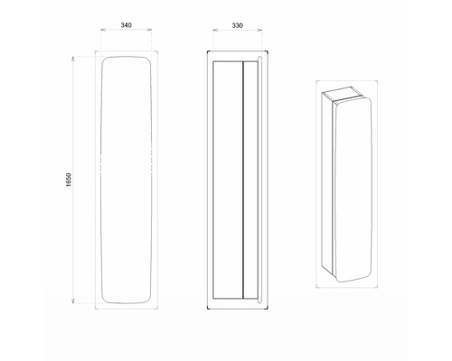 Technische Zeichnung eines Hochschranks mit den Maßen 1650 x 340 x 330 mm.