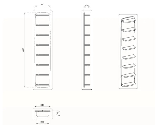Technische Zeichnung eines Regals mit den Maßen 1650 x 340 x 138 mm.