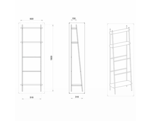 Technische Zeichnung eines Regals mit Maßen.