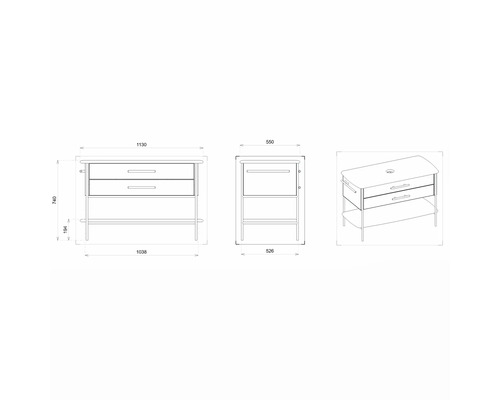 Technische Zeichnung eines Waschtisches mit Maßen