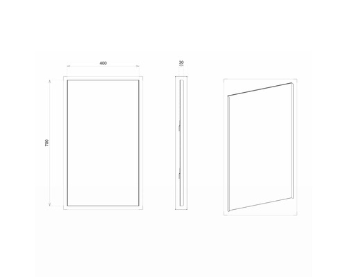 Technische Zeichnung eines Spiegels mit den Maßen 400 x 700 x 30 mm