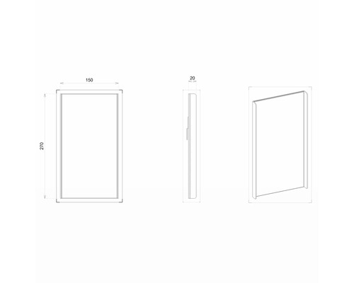 Technische Zeichnung eines Spiegels mit den Maßen 150 x 270 x 20 Millimeter.