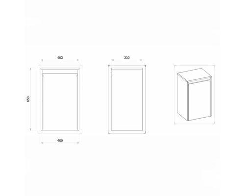 Technische Zeichnung eines Badezimmer-Unterschranks mit Maßangaben.