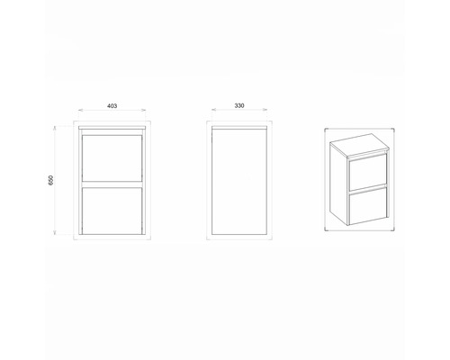 Technische Zeichnung eines Waschtischunterschranks mit Schubladen und Maßangaben