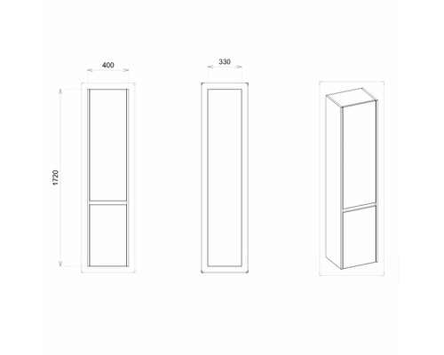 Technische Zeichnung eines Badezimmer Hochschranks mit Maßangaben