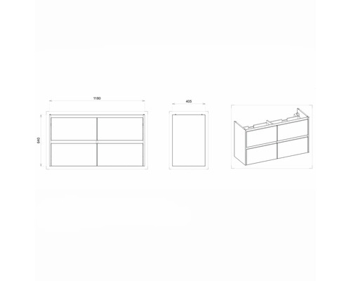 Technische Zeichnung eines Waschtischunterschranks mit den Maßen 1180 x 640 x 405 mm.