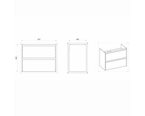 Zeichnung eines Waschtischunterschranks mit Schubladen und Maßangaben