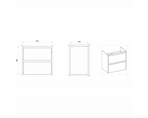 Zeichnung eines Waschtischunterschranks mit zwei Schubladen und Maßangaben