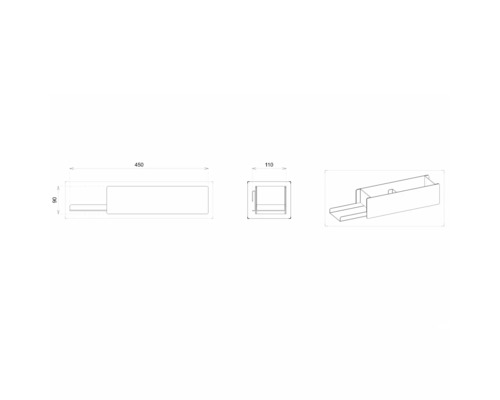 Technische Zeichnung eines Schubladenelements mit den Maßen 450 x 110 x 90 mm.