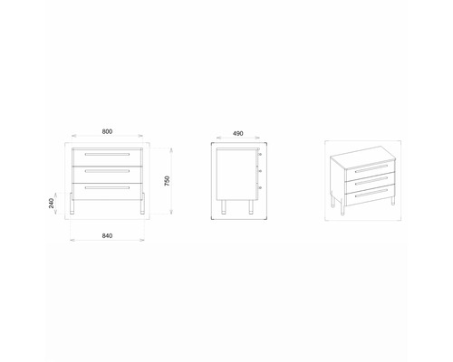 Technische Zeichnung einer Kommode mit drei Schubladen und Maßangaben
