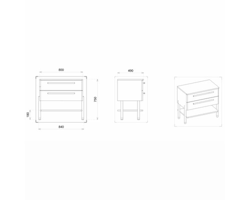 Zeichnung eines Waschtischunterschranks mit zwei Schubladen und den Maßangaben