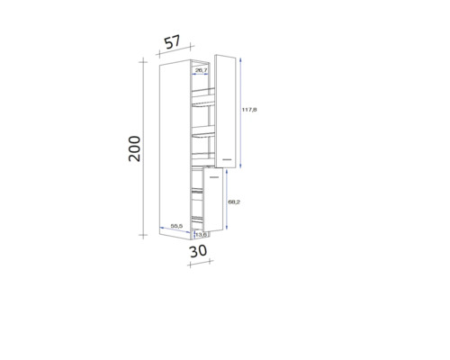 Technische Zeichnung eines Küchenschranks mit Abmessungen