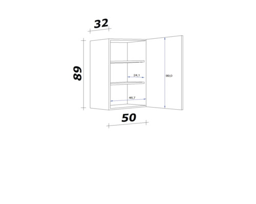 Technische Zeichnung eines Hängeschranks mit Maßen