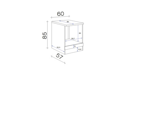 Technische Zeichnung eines Schranks mit Maßangaben