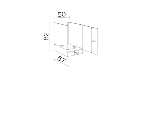 Technische Zeichnung eines Badezimmerunterschranks mit Maßangaben.