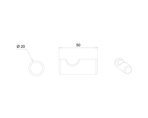 Technische Zeichnung einer Wandhalterung mit den Maßen Durchmesser 20 mm und Länge 50 mm