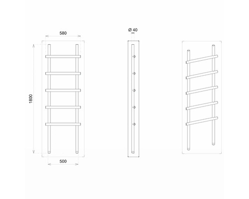Technische Zeichnung eines Handtuchwärmers mit Abmessungen
