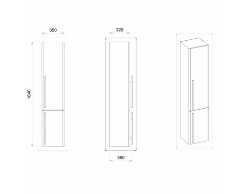 Technische Zeichnung eines Hochschranks mit Maßen