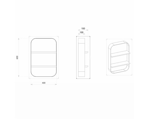 Technische Zeichnung eines Wandregals mit zwei Ablagen und abgerundeten Ecken