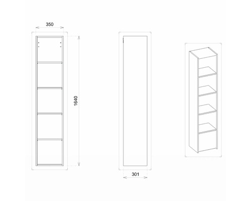Technische Zeichnung eines Regals mit Höhenangabe 1640 mm, Breite 350 mm und Tiefe 301 mm.