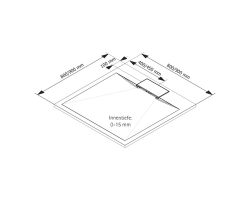 Technische Zeichnung einer Duschwanne mit Maßangaben