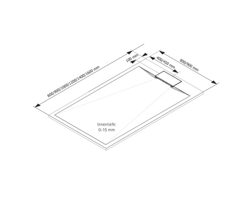 Technische Zeichnung einer Duschwanne mit Maßangaben