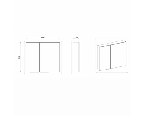 Technische Zeichnung eines Badezimmerspiegelschranks mit den Maßen 800 x 700 x 150 mm