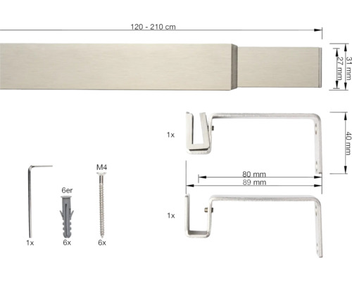 Gardinenstange mit Zubehör und Maßangaben