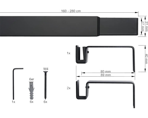 Gardinenstange ausziehbar mit Zubehör zur Montage, 160 bis 280 cm