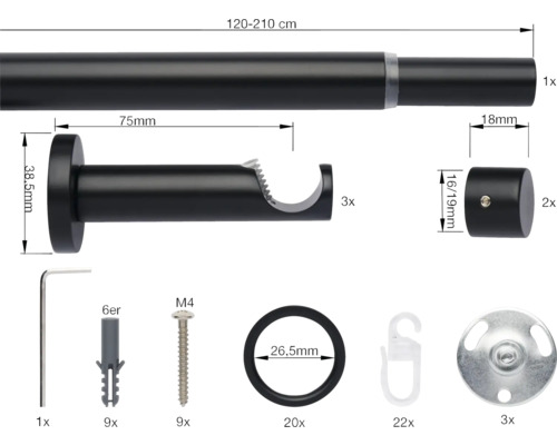 Gardinenstange mit Zubehör, Länge 120 bis 210 Zentimeter