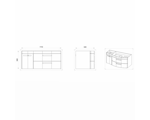 Technische Zeichnung eines Waschtischunterschranks mit Maßen