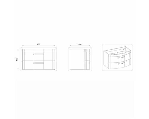 Technische Zeichnung eines Waschtischunterschranks mit Maßen