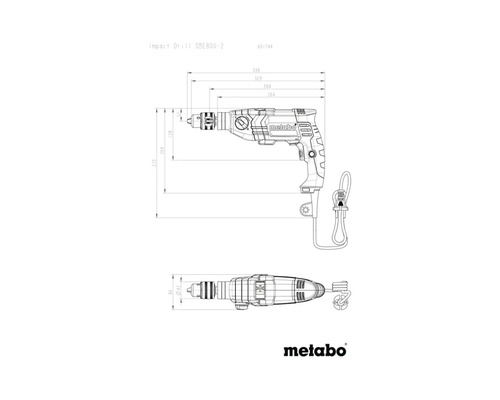 Technische Zeichnung einer Metabo Schlagbohrmaschine SBE800-2 mit Maßangaben