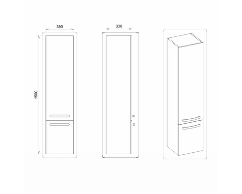 Technische Zeichnung eines Badschranks mit den Maßen 1500 x 350 x 330 Millimeter.