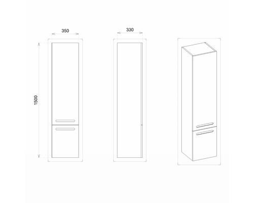 Technische Zeichnung eines Hochschranks mit Abmessungen