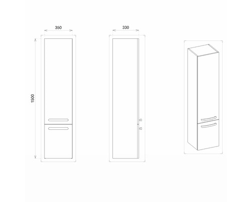 Technische Zeichnung eines Badezimmer-Hochschranks mit Maßangaben