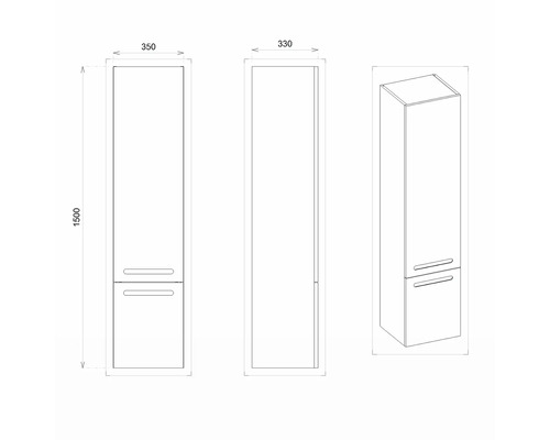 Technische Zeichnung eines Hochschranks mit den Maßen 1500 x 350 x 330 Millimeter