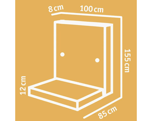 Dimensionszeichnung eines Sitzhockers: 100 cm breit, 85 cm tief, 155 cm hoch.