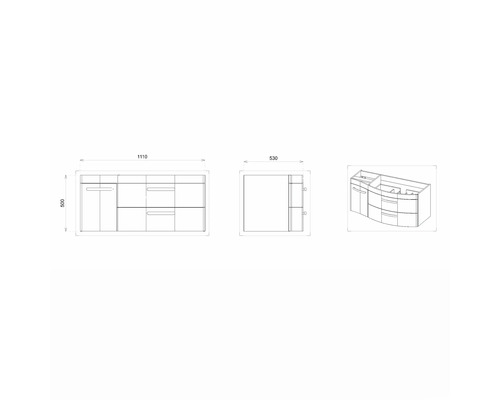 Technische Zeichnung eines Badezimmerunterschranks mit Abmessungen