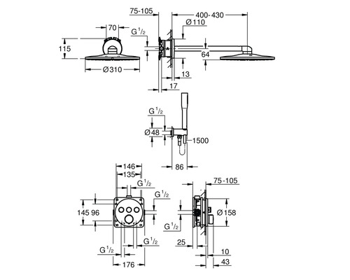 Technische Zeichnung einer Duscharmatur mit Maßangaben