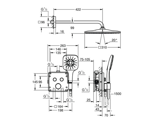 Maßzeichnung eines Duschsystems mit Kopfbrause, Handbrause und Thermostatbatterie mit Maßangaben