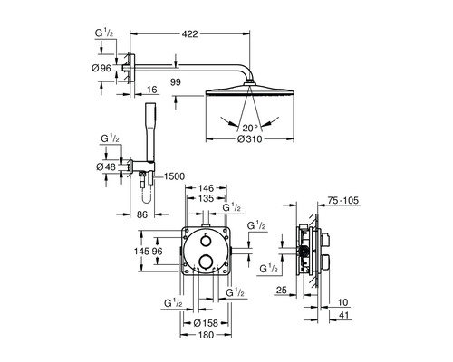 Technische Zeichnung einer Duscharmatur mit Maßangaben