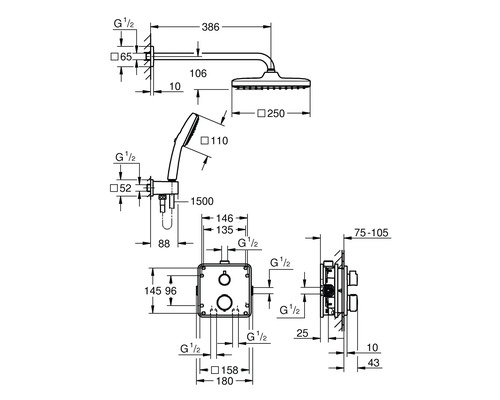Technische Zeichnung eines Duschsystems mit Maßen
