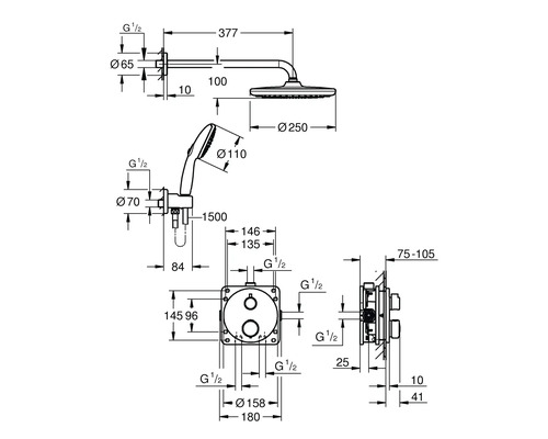 Technische Zeichnung eines Duschsystems mit Handbrause und Kopfbrause mit Maßangaben