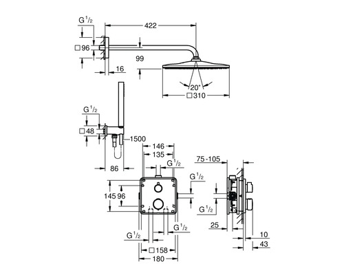 Technische Zeichnung eines Duschsystems mit Maßangaben