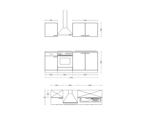 Technische Zeichnung einer Küchenzeile mit Maßen.